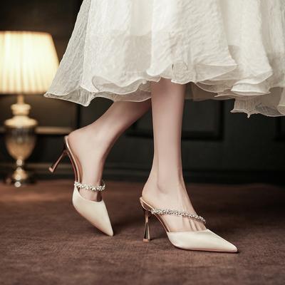 -Dünne Absätze High Heels Damen Satin Taschenkopf Sandalen mit Strasssteinen Feenstil Europäisches und Amerikanisches Temperament