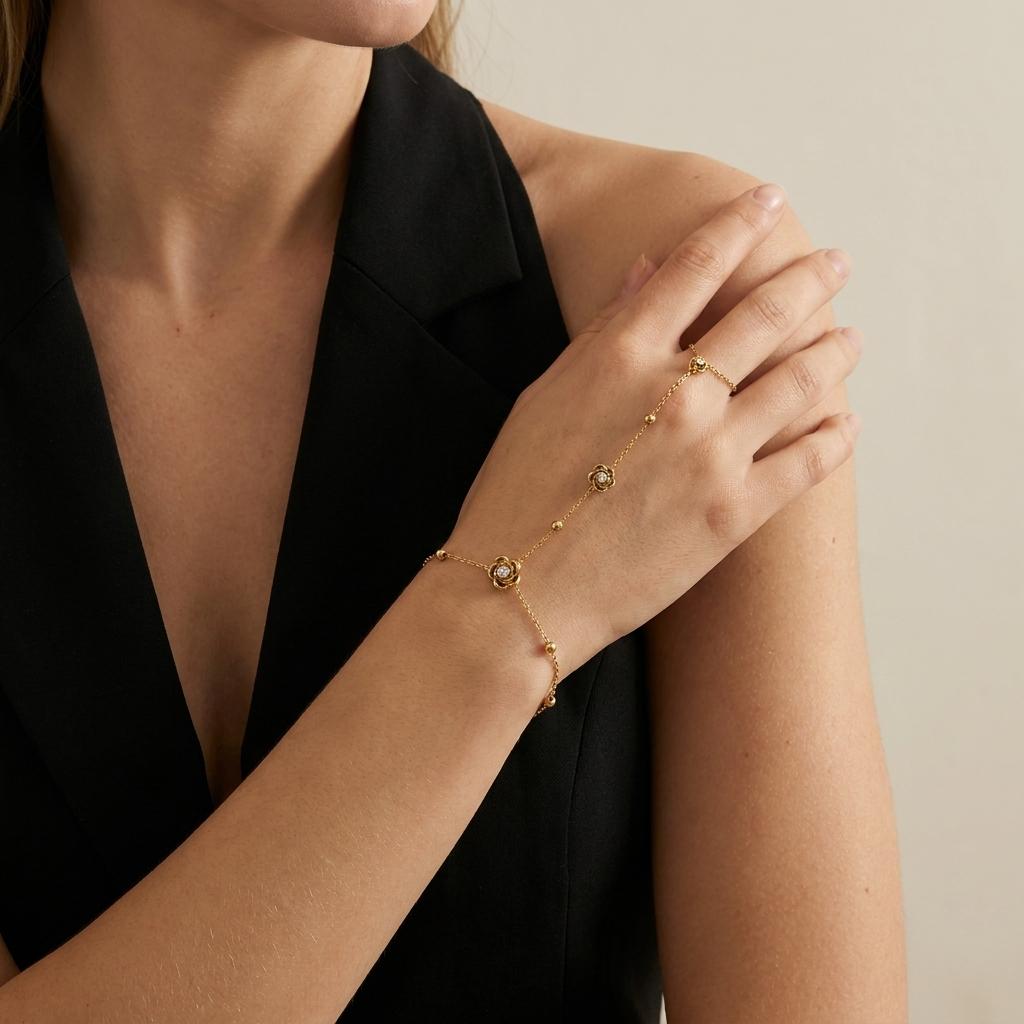 Vintage Zircon Rose Flower Finger Chain Bracelet for Women Stainless Steel Gold Plated Thin Chain Bracelet Waterproof Jewelry