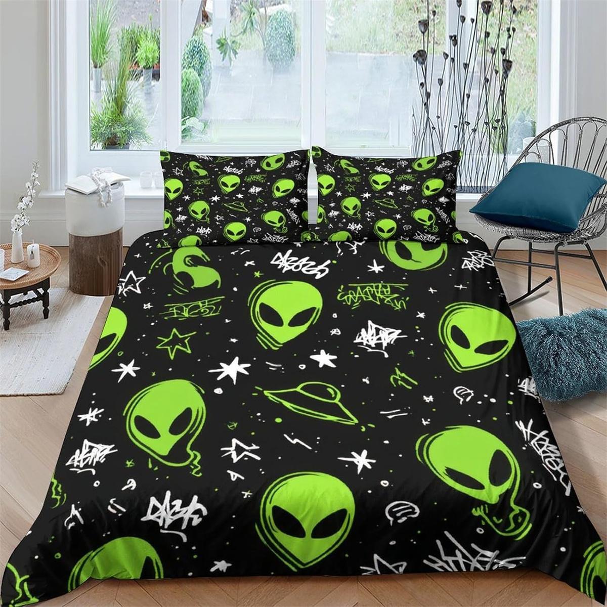 Ensemble de housse de couette dessin animé extraterrestre, Ensemble de literie crâne extraterrestre Espace psychédélique Aquarelle Coloré Couvre-lit taille Queen Cadeaux extraterrestres Baby 70x133 cm
