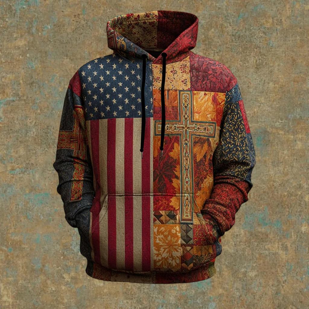 Men's Vintage Casual American Flag Cross Hoodie Patriotic Shirt