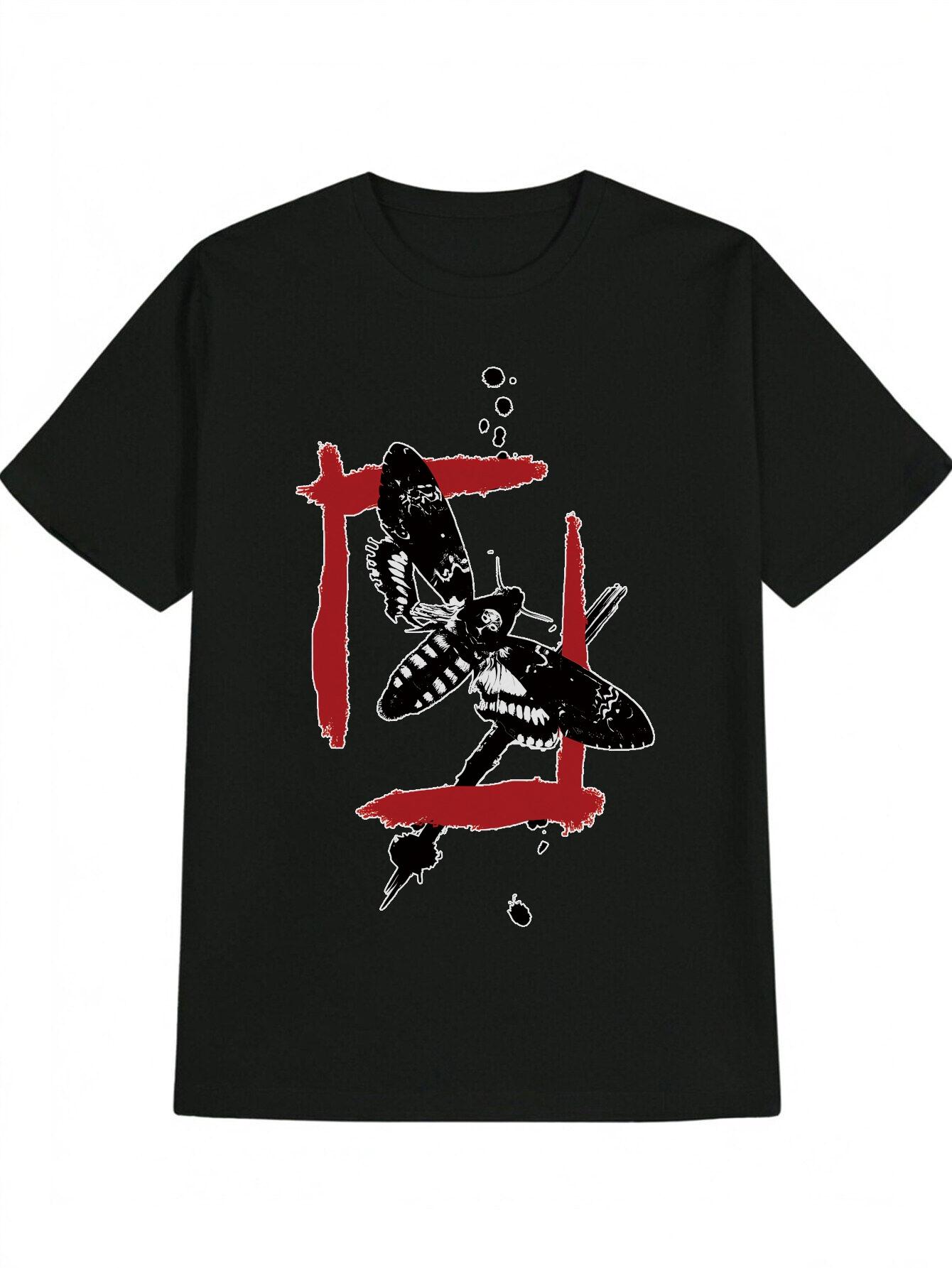 

Casual Black T-shirt with White Moth & Red Diagonal Print - Breathable Summer Top S