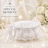 White Satin Flower Girl Basket with Polka Dot Tulle, Floral Lace Skirt, Teardrop Rhinestone Fringe and Satin Ribbon Bows