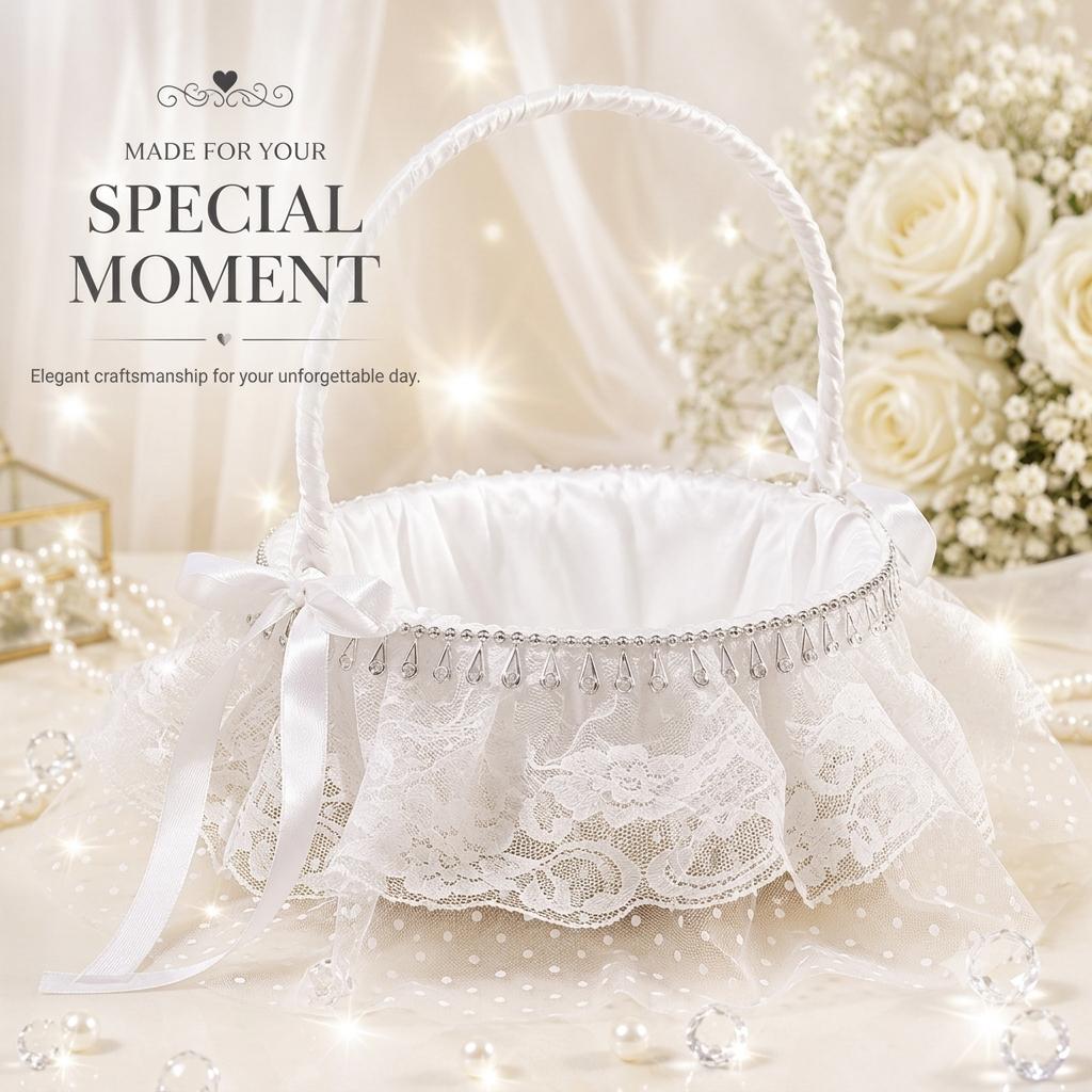White Satin Flower Girl Basket with Polka Dot Tulle, Floral Lace Skirt, Teardrop Rhinestone Fringe and Satin Ribbon Bows