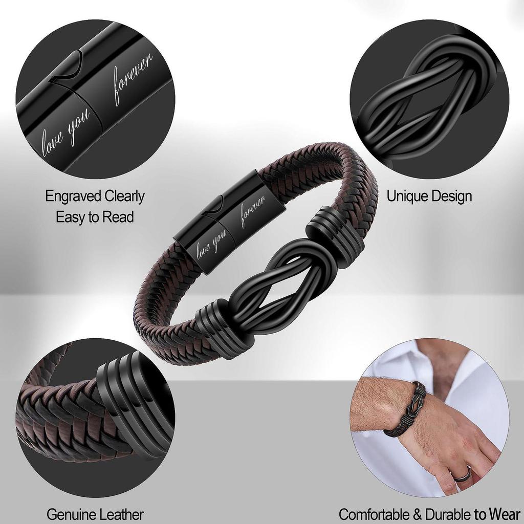 Bracelet en cuir avec nœud infini en acier inoxydable pour homme - Cadeau personnalisable pour les fils