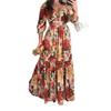 2026 New European and American Style Printing V-neck Waist Long-sleeved Pendulum Dress Women's Spring Vacation Temperament Long Dress