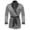 Mens Contrast Smoking Jacket Robe Belt Lapel Long Sleeve Side Pockets Satin Kimono Bathrobe Nightwear Loungewear