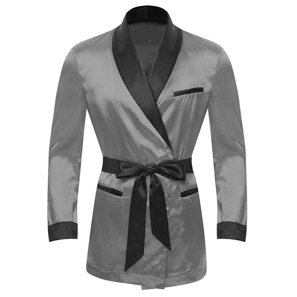Mens Contrast Smoking Jacket Robe Belt Lapel Long Sleeve Side Pockets Satin Kimono Bathrobe Nightwear Loungewear