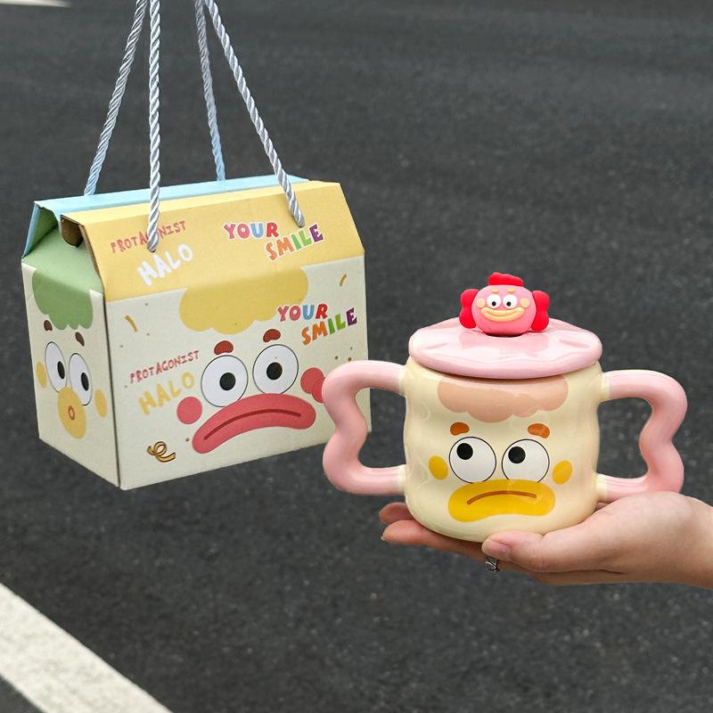 Cute Mug Ceramic Cup with Lid Spoon Boys and Girls Household Water Cup Coffee Milk Cup Birthday Gift