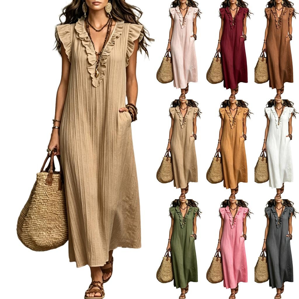 Dames Mouwloos Losvallend Maxi Jurk Boheemse Stijl V-hals Ruche Afwerking Casual Zomer Lange Jurk met Zakken