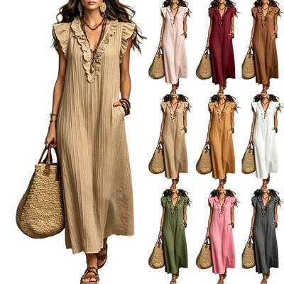 Damska Bezrękawnikowa Luźna Sukienka Maxi Styl Boho Dekolt V Falbanka Casualowa Letnia Długa Sukienka z Kieszeniami