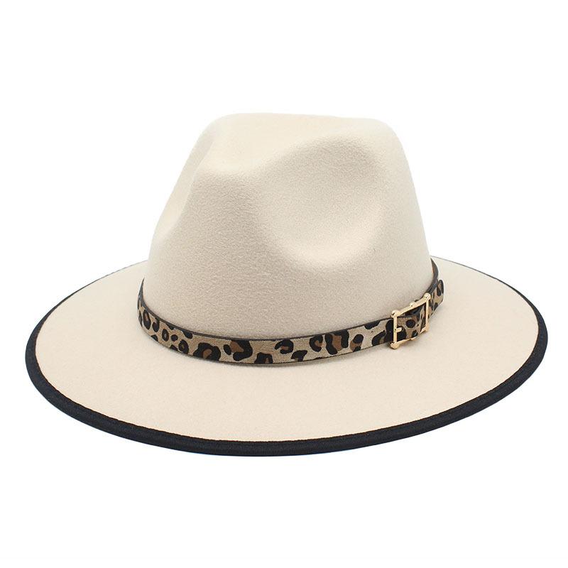 British Hemming Woolen Top Hat Casual Big Brim Men'S Retro Felt Hat Leopard Print Jazz Hat