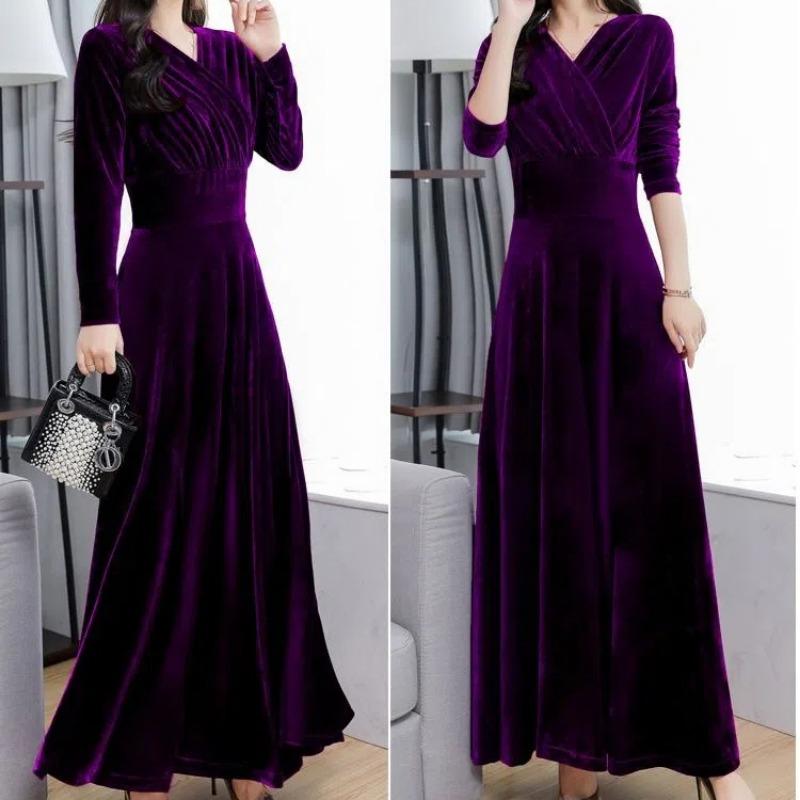 2025 New Autumn/Winter Plus Size Velvet Dress Long Sleeved, V Neck, Big Swing Gown for Evening Parties and Banquets