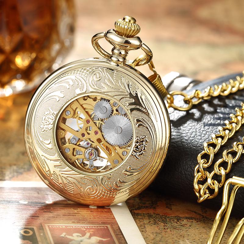 Luxury Retro Golden Hollow Skeleton Mechanical Pocket Watch Mens Fob Chain Steel Exquisite Sculpture Men Pocket Watch Gifts