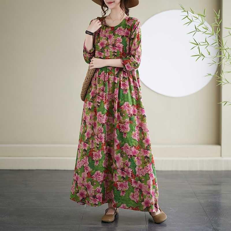Vacation Style Round Neck Vintage Long Flesh Covering Dresses