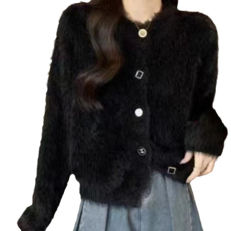 Women's Soft Faux Mink Fur Knit Cardigan - Autumn/Winter Loose Fit, Short, Age-Reducing, Long Sleeve Top