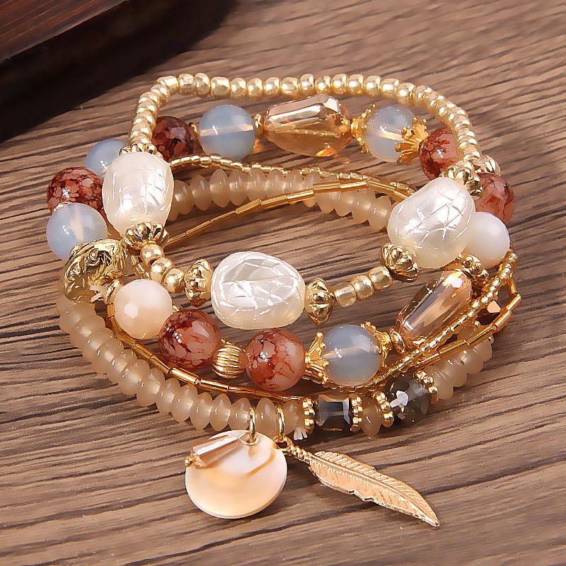 Famous Style Shell Leaf Pendant Mixed and Matched Beads Multi-layer Temperament Women's Bracelet Set