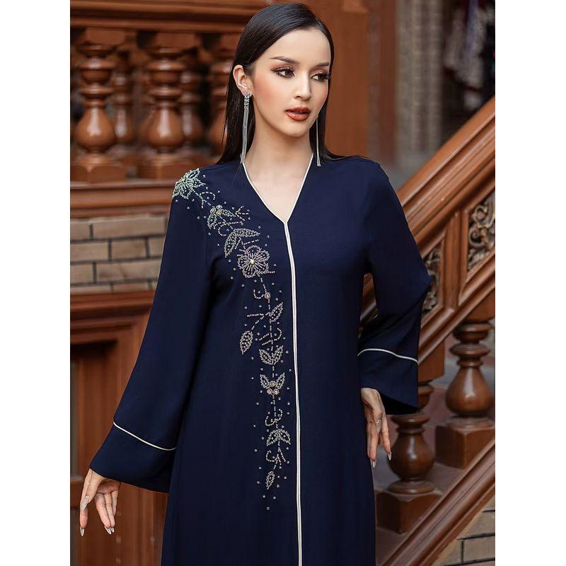 

New Middle East V-neck Retro Handmade Seam Drill Dress V-Neck Hand Sewn Diamond Dress Tibetan Blue M