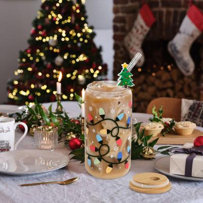 Bicchiere di Vetro Natalizio Cambia Colore con Coperchio Cannuccia Spazzolino Riutilizzabile Bicchiere per Caffè Freddo Decorazioni Carine per Feste di Natale per Mamma Lei
