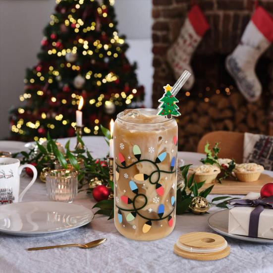 Color Changing Christmas Glass Cup with Lid Straw Brush Reusable Glass Iced Coffee Cup Cute Xmas Party Decorations for Mom Her