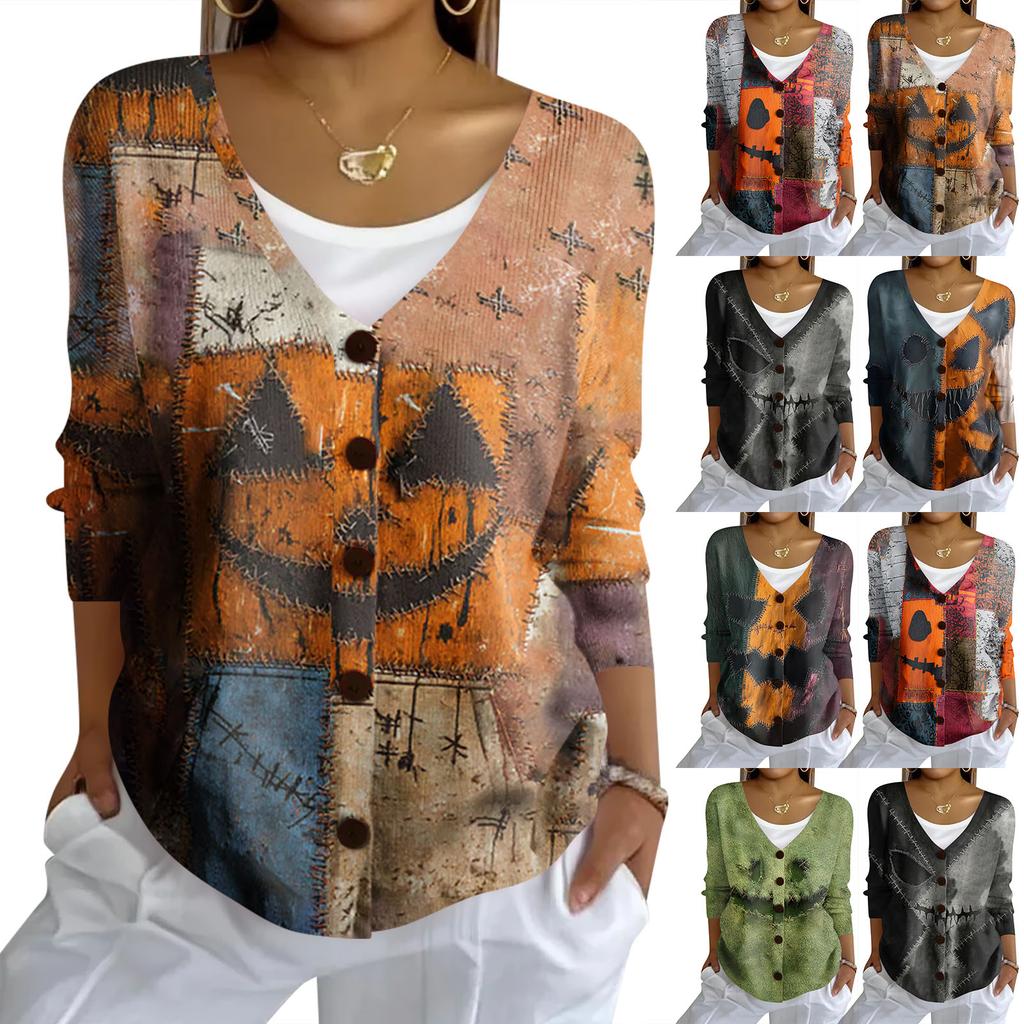 Women's Fashion Casual Knit Sweater Button-Up Halloween Printed  Cardigan Jacket