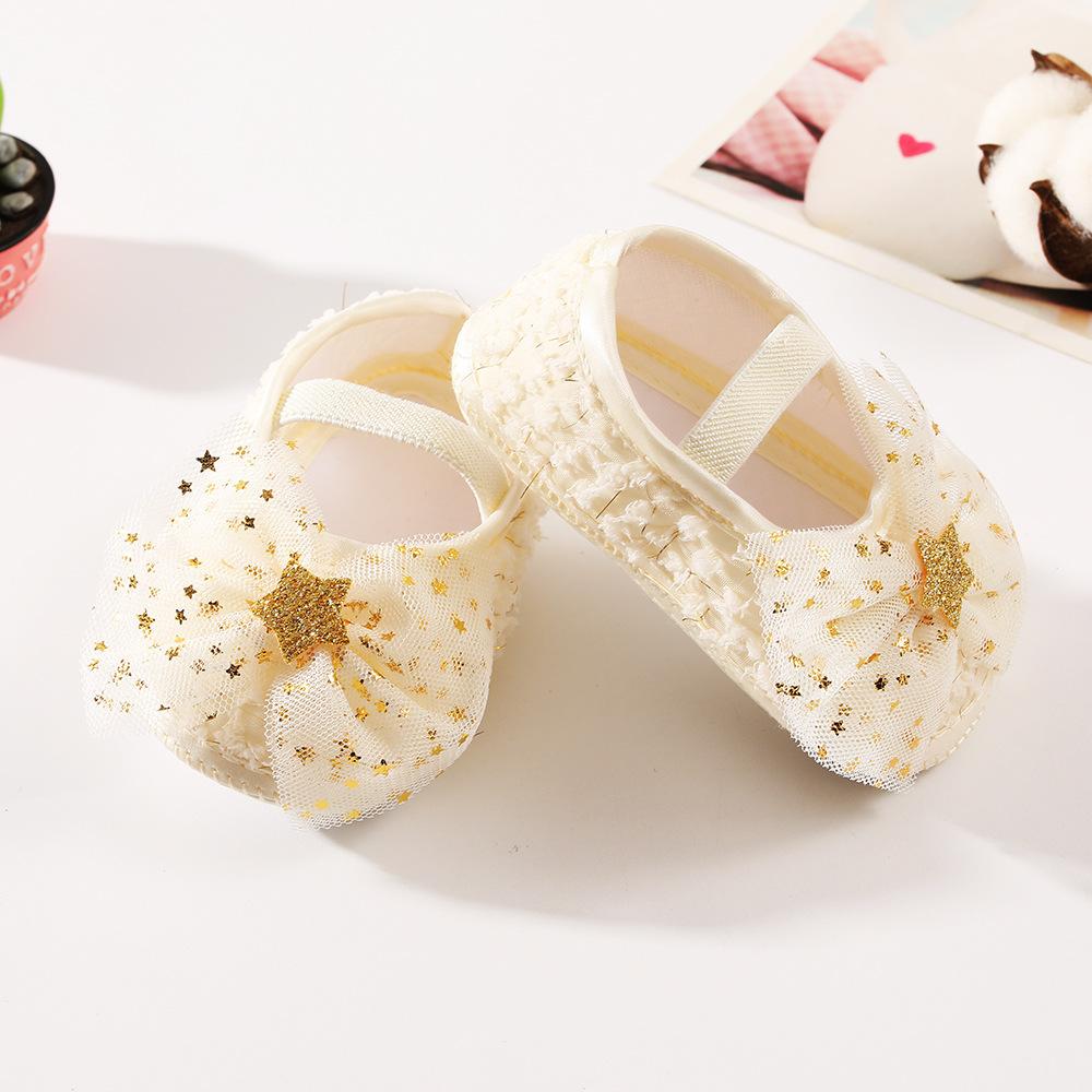 Wwo-piece Set Baby Girls Glitter Star Tulle Bow Crib Shoes & Matching Elastic Headband Set, Soft Dot Anti-Slip Sole Mary Jane Princess Shoes