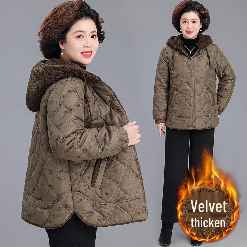 

Stylish Plus Size Hooded Winter Coat for Middle-aged Women - Velvet Lined, Mid-length 4XL, for 155-170 jin