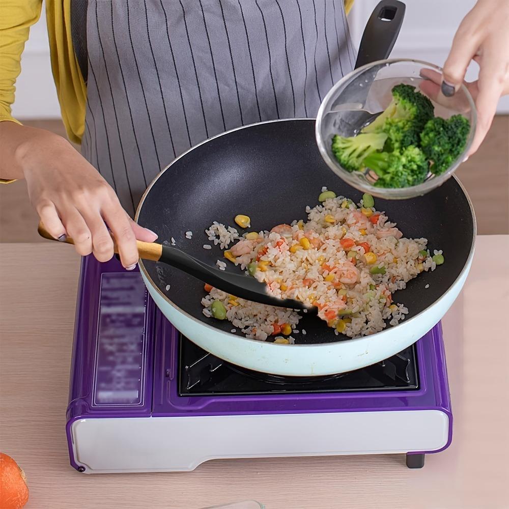 New Non-Stick Cooking Spoons Silicone Stirring Spatula Wooden Handle Shovel Salad Mixing Spoon Cookware Utensils Kitchen Tools