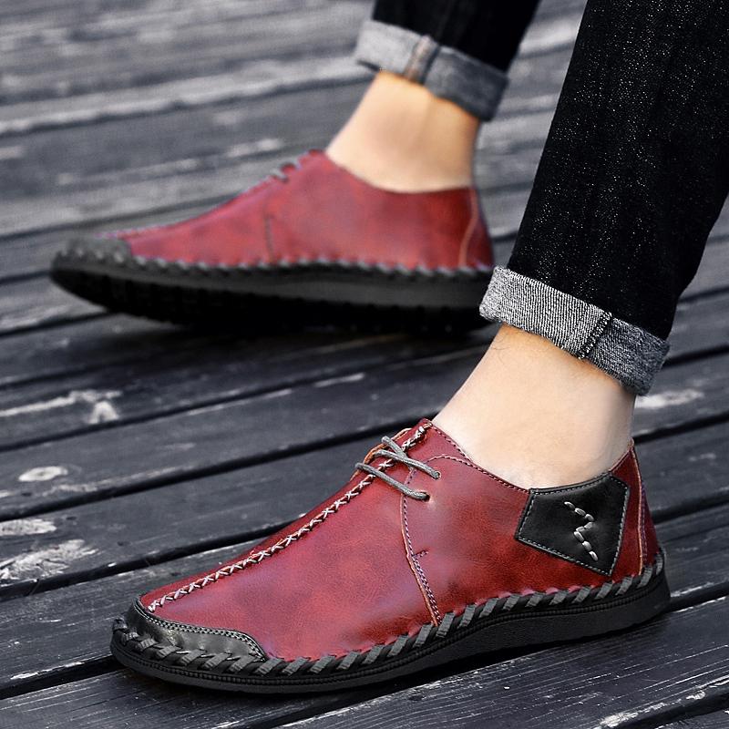 Fashion Simple Quality Leather Men Business Office Shoes Lace Up Flat Bottomed Soft Comfortable Shoe Hand Sewn Casual Shoes  Sizes 38-47