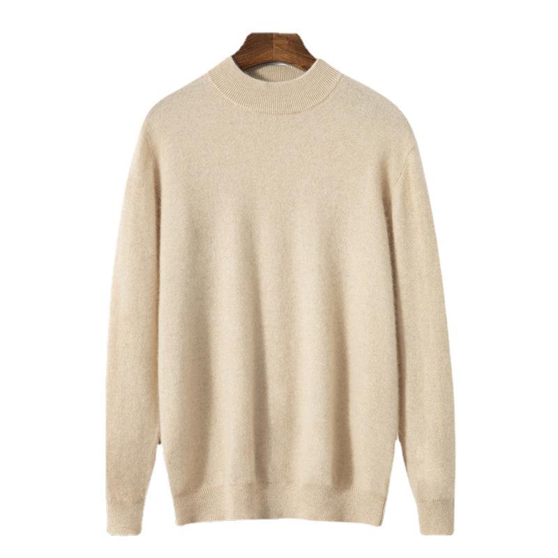 Men's Autumn Winter Wool Cashmere Pullover Sweater, Half High Neck, Solid Color, Plus Size