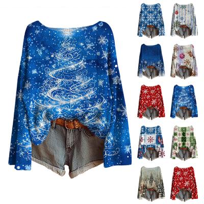 Women's Christmas Print Lightweight Sweater Casual Long Sleeve Knitted Pullover