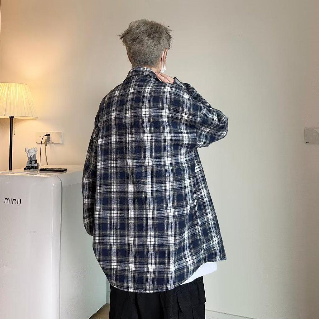 Unisex Retro Japanese Plaid Long-Sleeve Shirt - Trendy Hong Kong Lazy Style