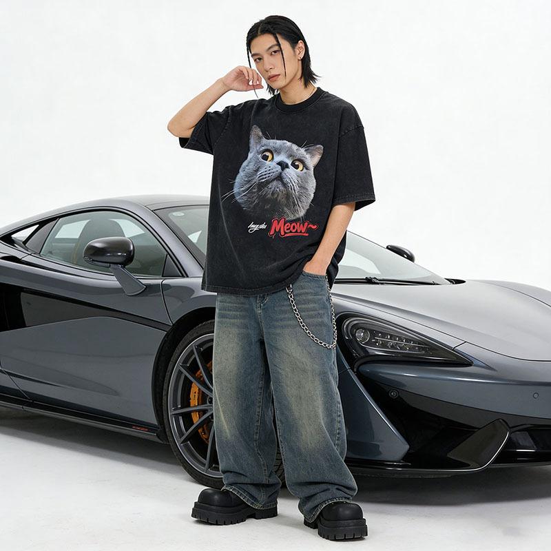 Men'S T-Shirt Street Retro Cat Digital Direct Injection Printing Pod Custom Cotton Washed Short-Sleeved T-Shirt Men