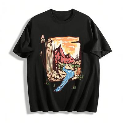Outdoor Mountain Stream Camping Print Casual T-Shirt Pure Cotton T-shirt