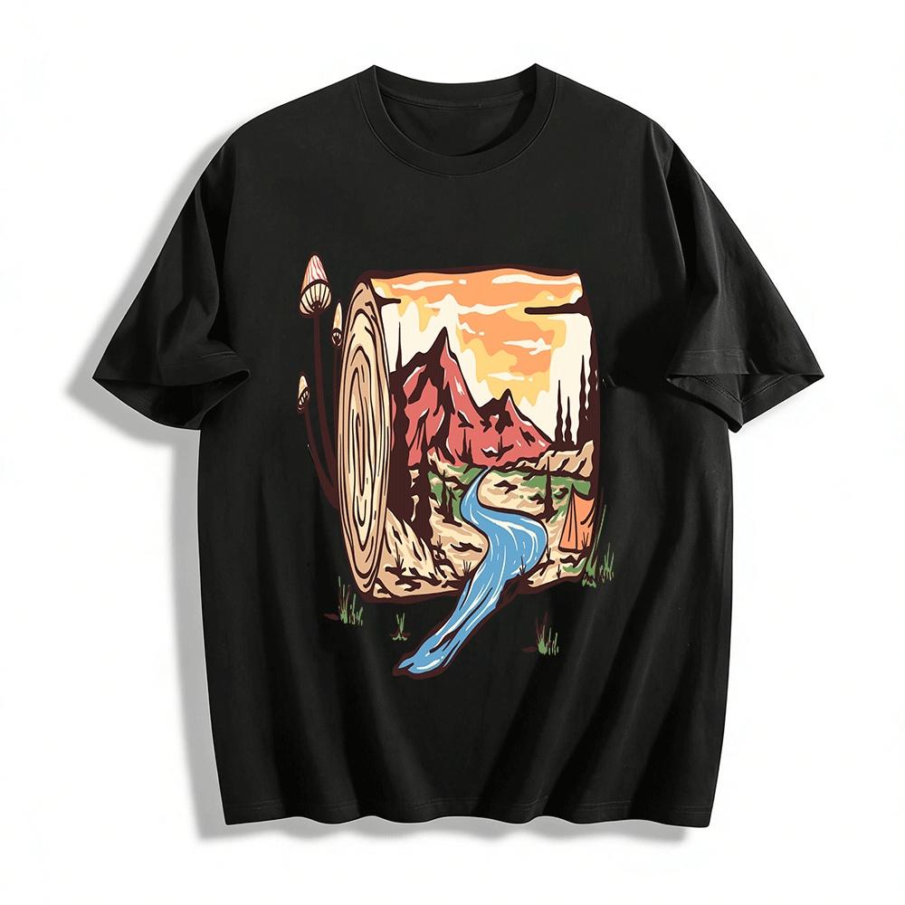 Outdoor Mountain Stream Camping Print Casual T-Shirt Pure cotton T-shirt XXS