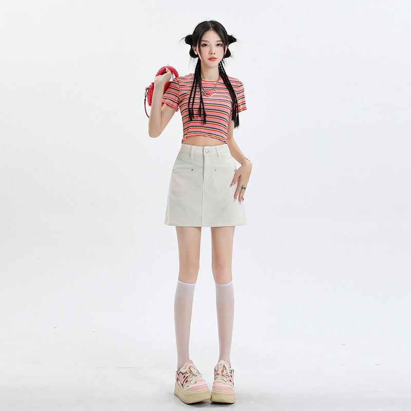 

2023 Women s Off-White High-Waisted A-Line Denim Mini Skirt: Anti-Exposure, Petite, Slimming Summer Style Medium