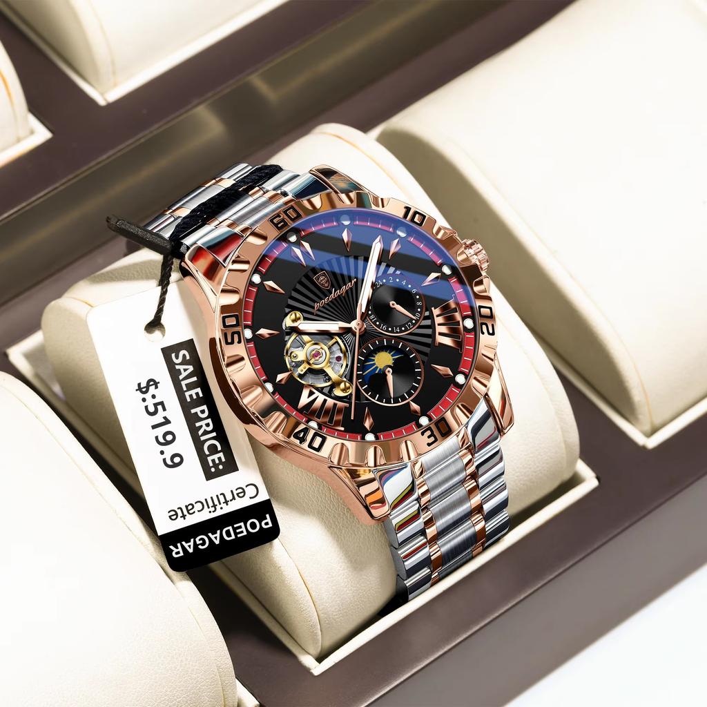 POEDAGAR 1415 Luxus Herren Skelett Tourbillon Automatisch Mechanische Herrenuhr Wasserdicht Leuchtend Edelstahl Herrenuhren
