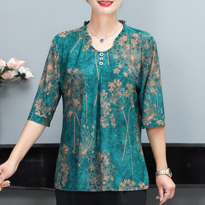 Women's Round Neck Spring and Summer Plus Size Loose Medium-sleeved Temperament Thin Printed Short Shirt