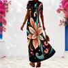 Women Plus Size V Neck Short Sleeve Black Floral Print Long Dress
