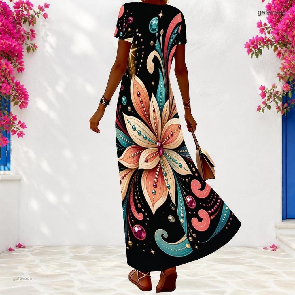 Women Plus Size V Neck Short Sleeve Black Floral Print Long Dress