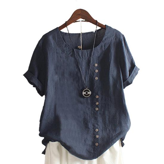 Woman Tops Round Neck Short Sleeves Solid Color Pullover Breathable Casual Wear Oversize Summer Loose Cotton Linen Leisure Shirt Women Clothes