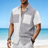 Men's Casual Color Block Short Sleeve Shirt Lapel Collar Button Up with Pockets Summer Beach Holiday Blouse Tops