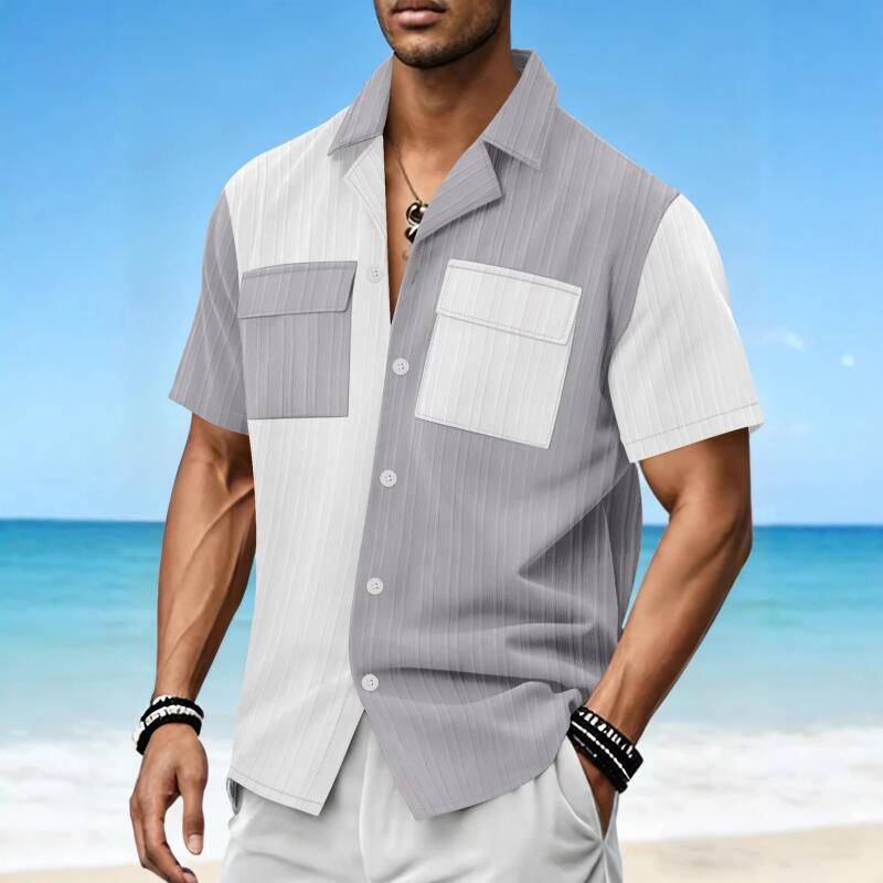 Men's Casual Color Block Short Sleeve Shirt Lapel Collar Button Up with Pockets Summer Beach Holiday Blouse Tops