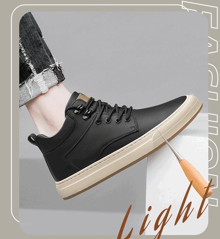 Men's Autumn Invisible Height-Boost 8cm Breathable Cowhide 6-Hole Mid-Top Shoes, British Style Sports Casual Board Sneakers