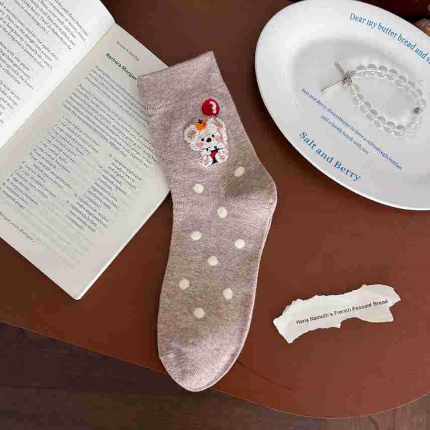 Spring 2026 Women's Embroidered Puppy Mid-Calf Cotton Socks - Cute, Comfortable, Breathable, Sweat-wicking for Students