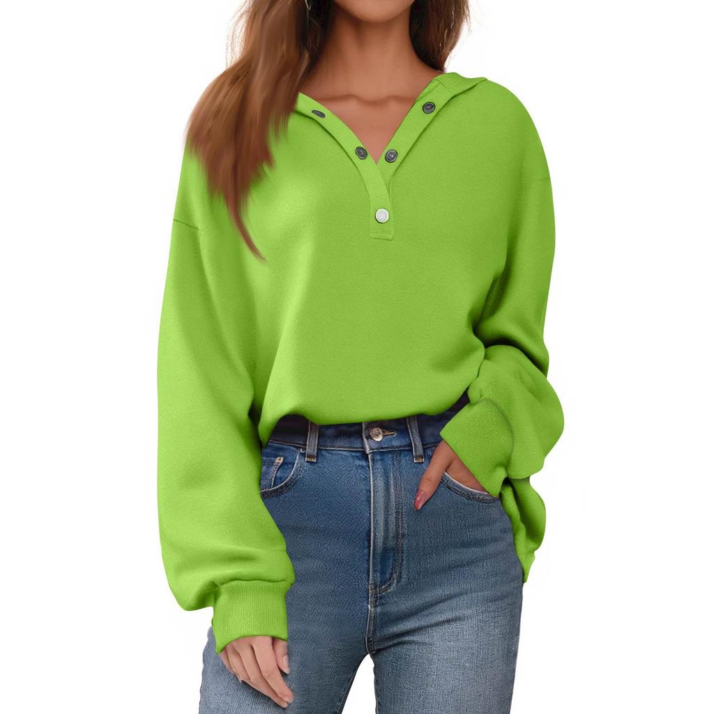 Women's Button Solid Color Pullover Tops Casual Long Sleeve Sweatshirts