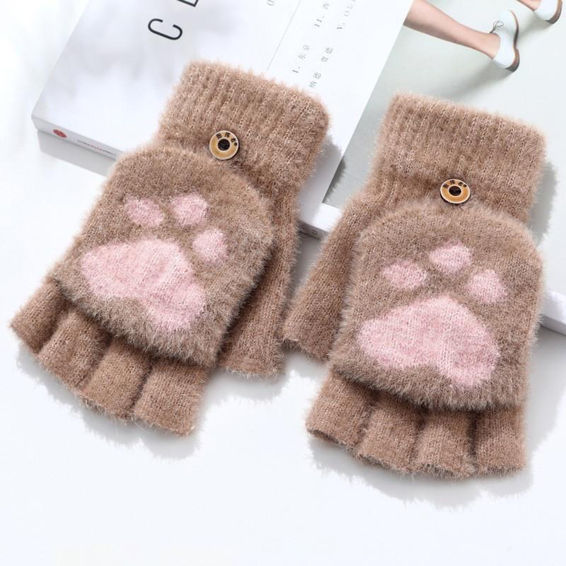 Thicken Women Warm Cat Gloves  Girls Cat Claw Paw Plush Mittens Soft Plush Short Fingerless Half Finger Winter Gloves