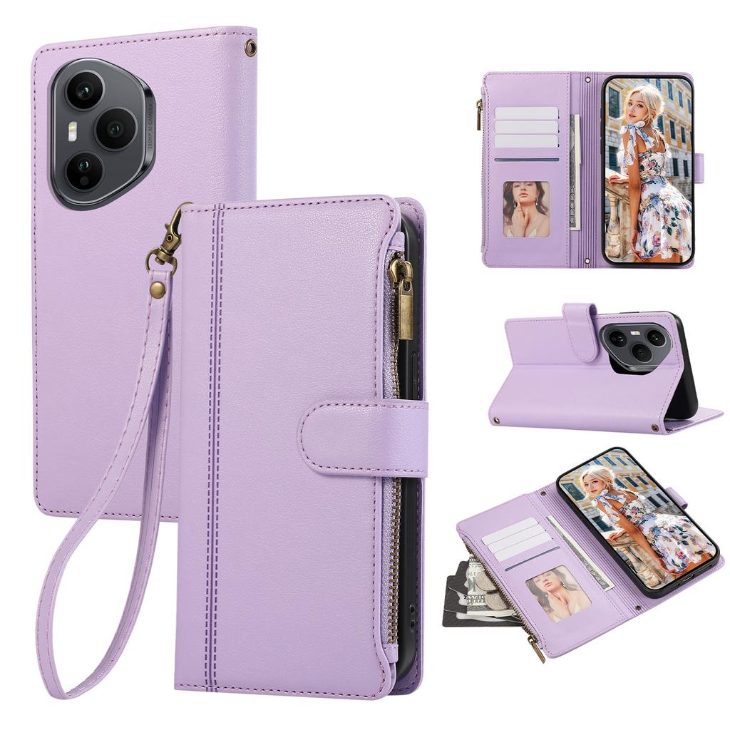 For Honor 400 Pro 5G (Global) Case Multi Card Slots Zipper Leather Phone Cover with Wrist Strap