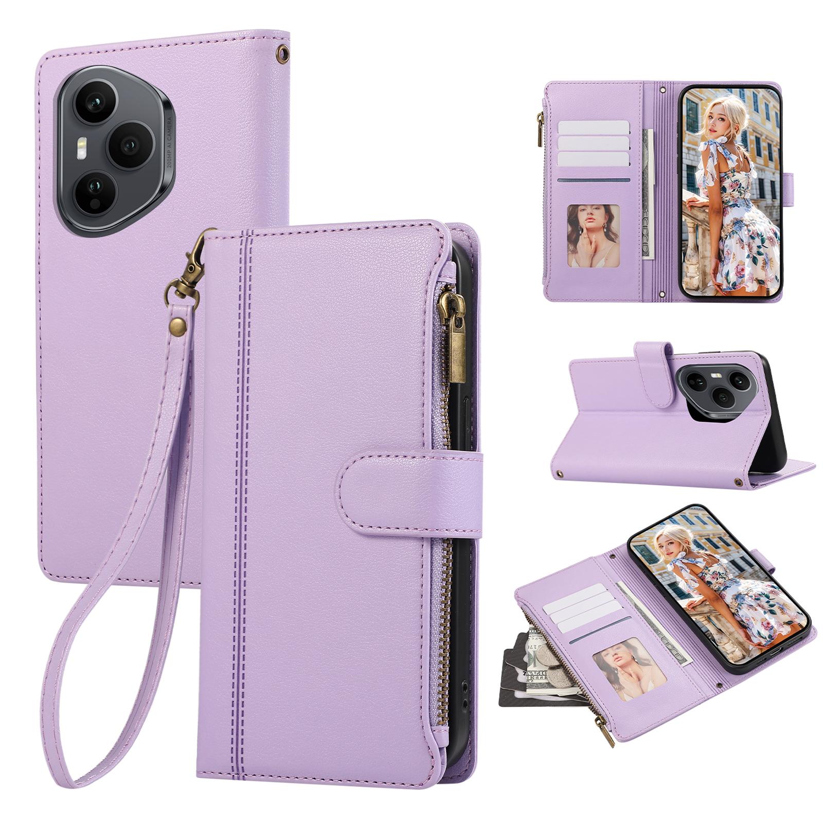 

Для Honor 400 Pro 5G (Глобальный) Чехол с несколькими отделениями для карт, на молнии, кожаный чехол для телефона с ремешком на запястье Purple