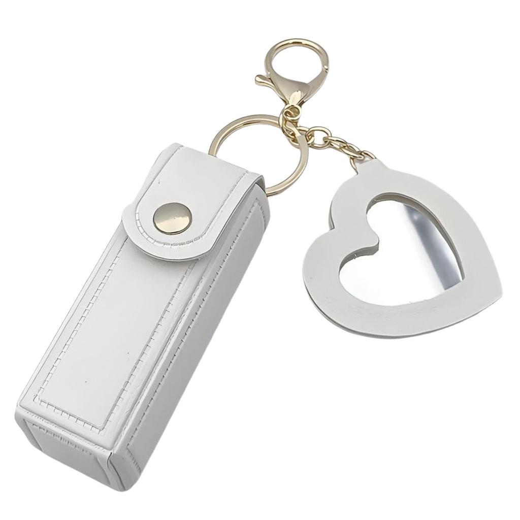 Portable PU Leather Lipstick Holder Keychain With Heart-Shaped Mirror For Women Girls Handbag Charms Accessory Creative Gift