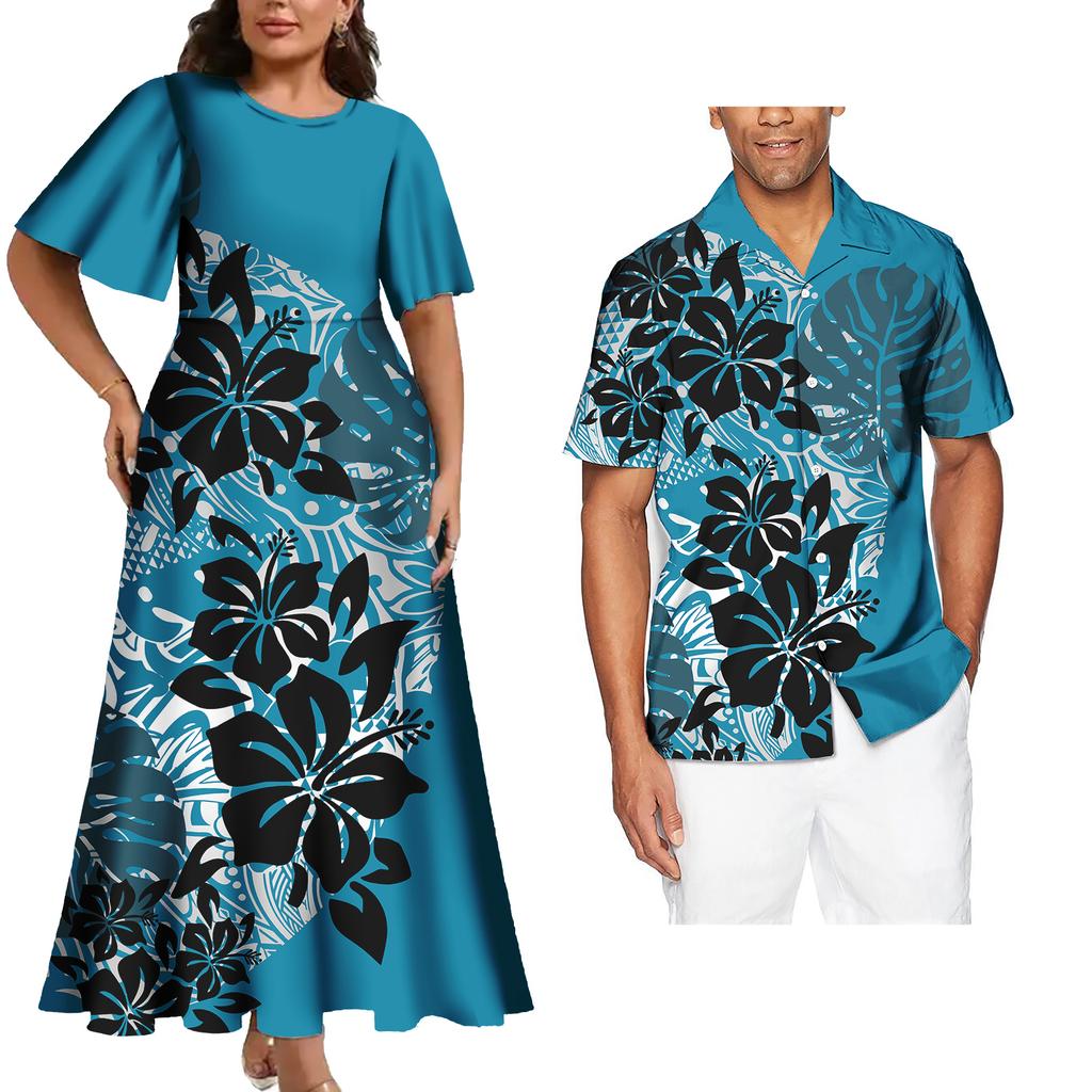 Tenues Assorties pour Couple Ensemble Deux Pièces Femme Robes de Soirée Assorties Chemises Homme Tenues de Couple Tribales Polynésiennes Samoa Personnalisées